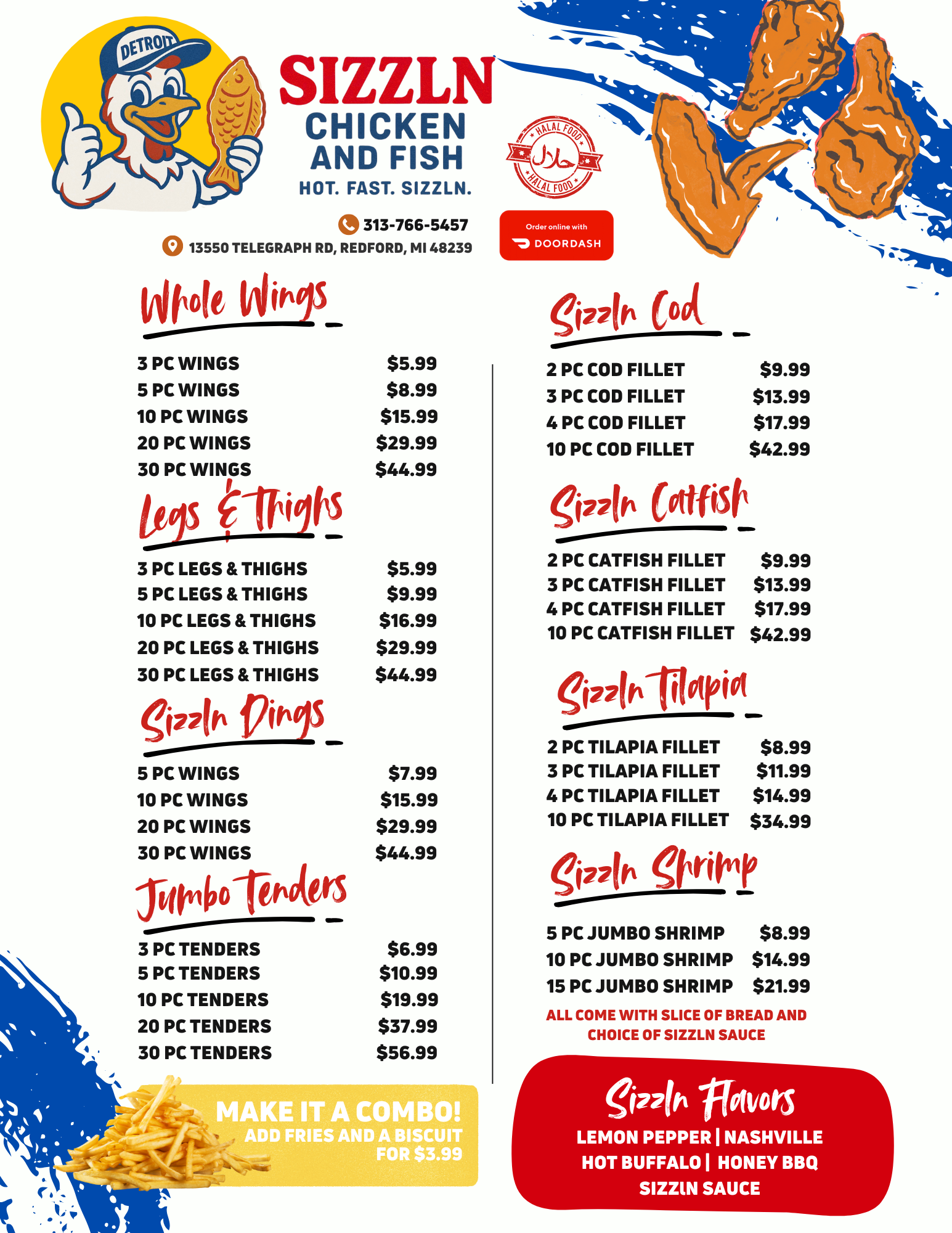 Sizzln Chicken & Fish Menu Page 1
